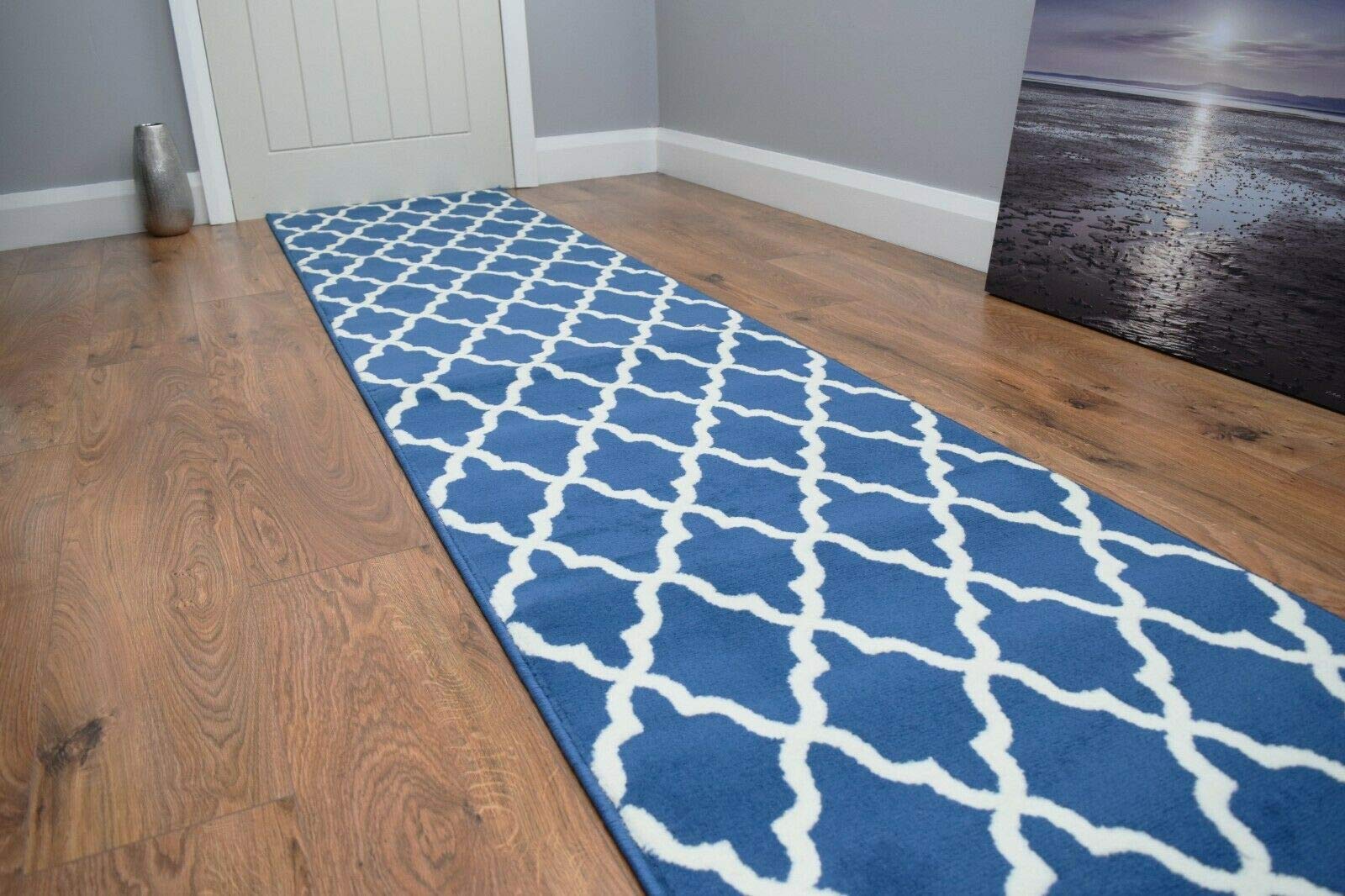 SrS Rugs® Luna Collection, Modern Long Carpet Runner Rug for Entrance Hall and Stairs. Smooth Soft 8mm Depth Pile. 70cm Wide. Any Length (Blue Trellis, Length: 18' (549cm)) — image 1