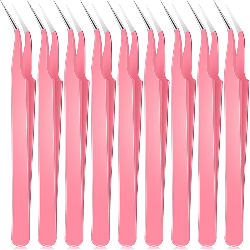 Honoson Pinças Curvas de Ponta Fina em Aço Inoxidável Rosa, Pacote com 9