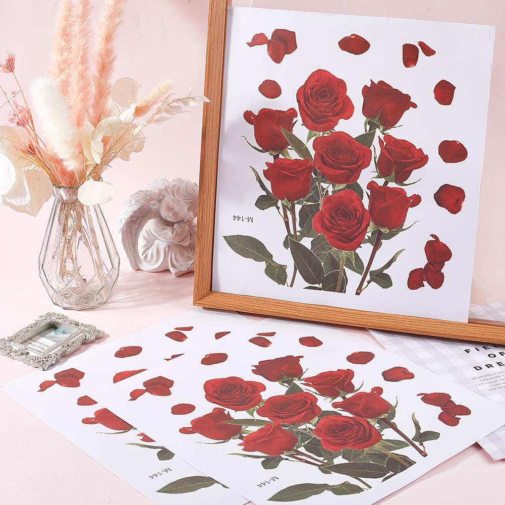 GORGECRAFT 4Pcs Red Rose Toilet Cover Sticker Decals Plants Toilet Stickers Flower Green Leaves Self-Adhesive Waterproof PVC Bathroom Bouquet Sticker for Valentine's Day Wall Toilet Lid Tank Seat