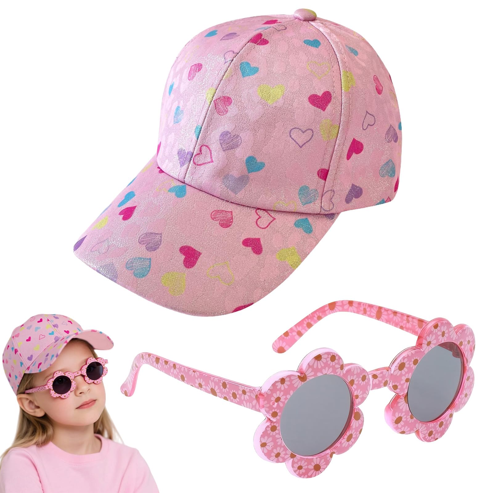 Gorra de niña con Visera + Gafas de Sol Florales Set de Verano Transpirable Ajustable 52-56 cm Rosa