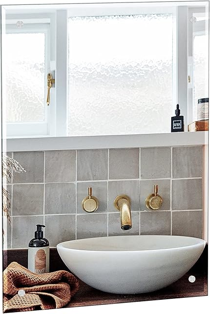 Dripex 60 x 45cm Frameless Bathroom Mirror, Rectangle Wall Mounted Mirror with Polished Edge & Pre-Drilled Holes - Best for Bathroom, Dressing Room, Bedroom & Living Room