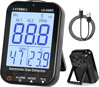 Detector de gas de amoníaco 535G, monitor NH3 de 0 a 100 ppm con doble alarma, detector de fugas de gas portátil recargable para granjas, industria, hogar, indicador de temperatura y humedad