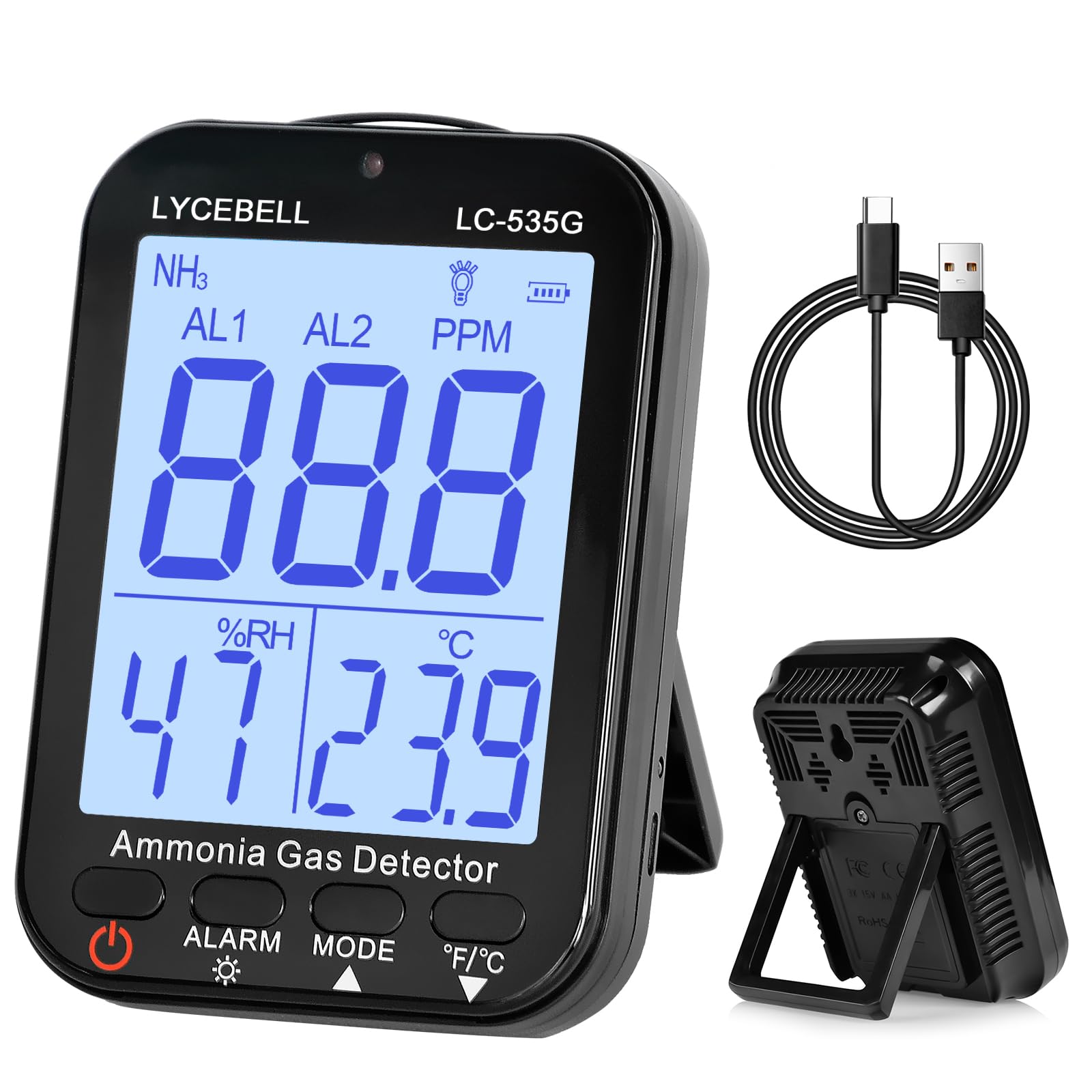Ammonia Gas Detector NH3 Gas Temp Tester Rechargeable W/Humidity Alarm 0~ 100ppm