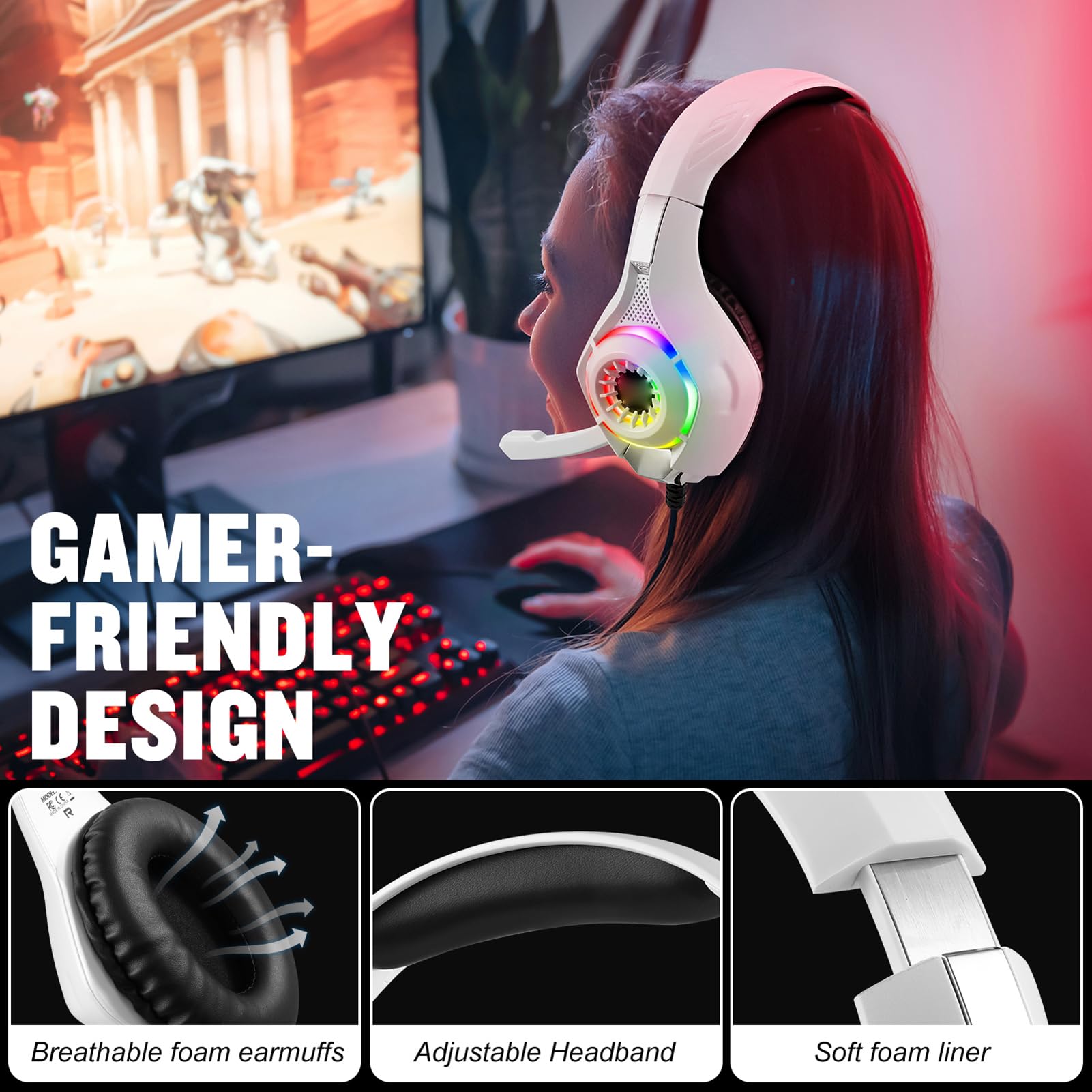 KOTION EACH GS410 Cuffie da Gioco, Cuffie da Gioco OverEar con Microfono con Isolamento Acustico Giocatori PC Desktop (Bianco)
