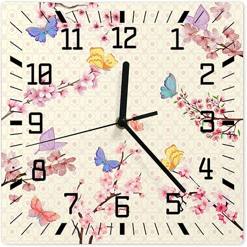 Spring Florals Wooden Wall Clock Silent Non Ticking, Cherry Blossoms Pink Blooming Flowers Square Wall Clock Battery Operated, Decor Clock for Home
