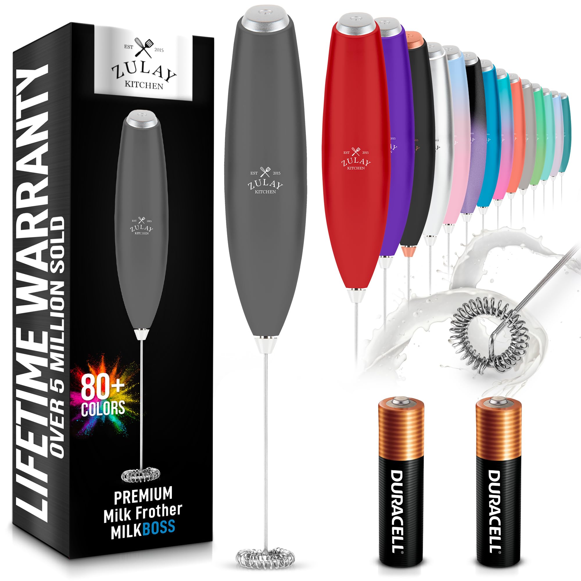 Zulay Kitchen Milk Frother Handheld Electric Whisk with AA Duracell Batteries – Durable Drink Mixer for Coffee, Lattes, Cappuccinos & More - Charcoal