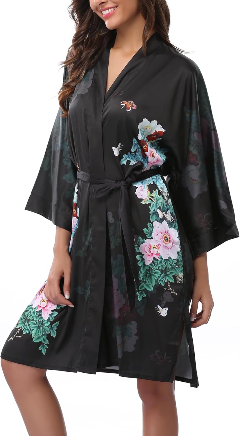 Women's Kimono Robes Short Floral Silk Satin Bathrobe Lightweight Kimono Nightgown One Size - Image 2