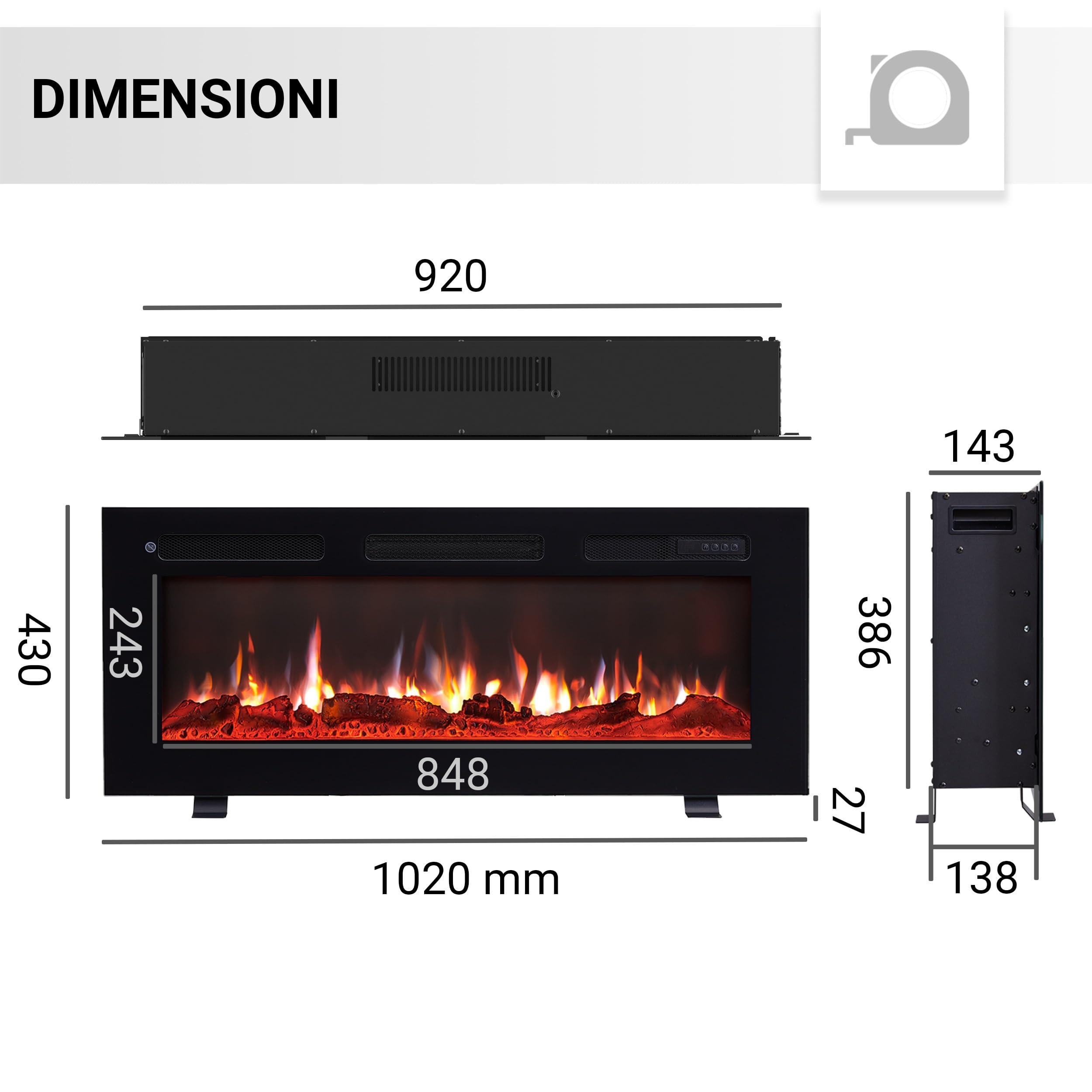 BALDERIA camino elettrico Leif 40"| Caminetto elettrico a pavimento o a muro con riscaldamento 2000 W | Effetto fiamma 3D | Focolare a terra o a parete con telecomando, timer, termostato | Nero
