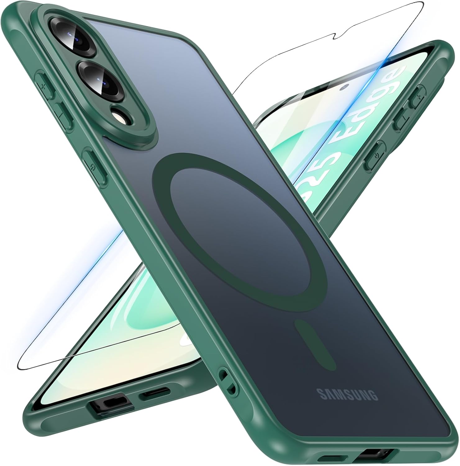coque Samsung s25 Edge – Hensinple Coque magnétique pour Samsung Galaxy S25 Edge avec verre trempé, compatible avec MagSafe Samsung S25 Edge, résistant aux chocs, translucide, dos mat, fine, résistante aux rayures, vert