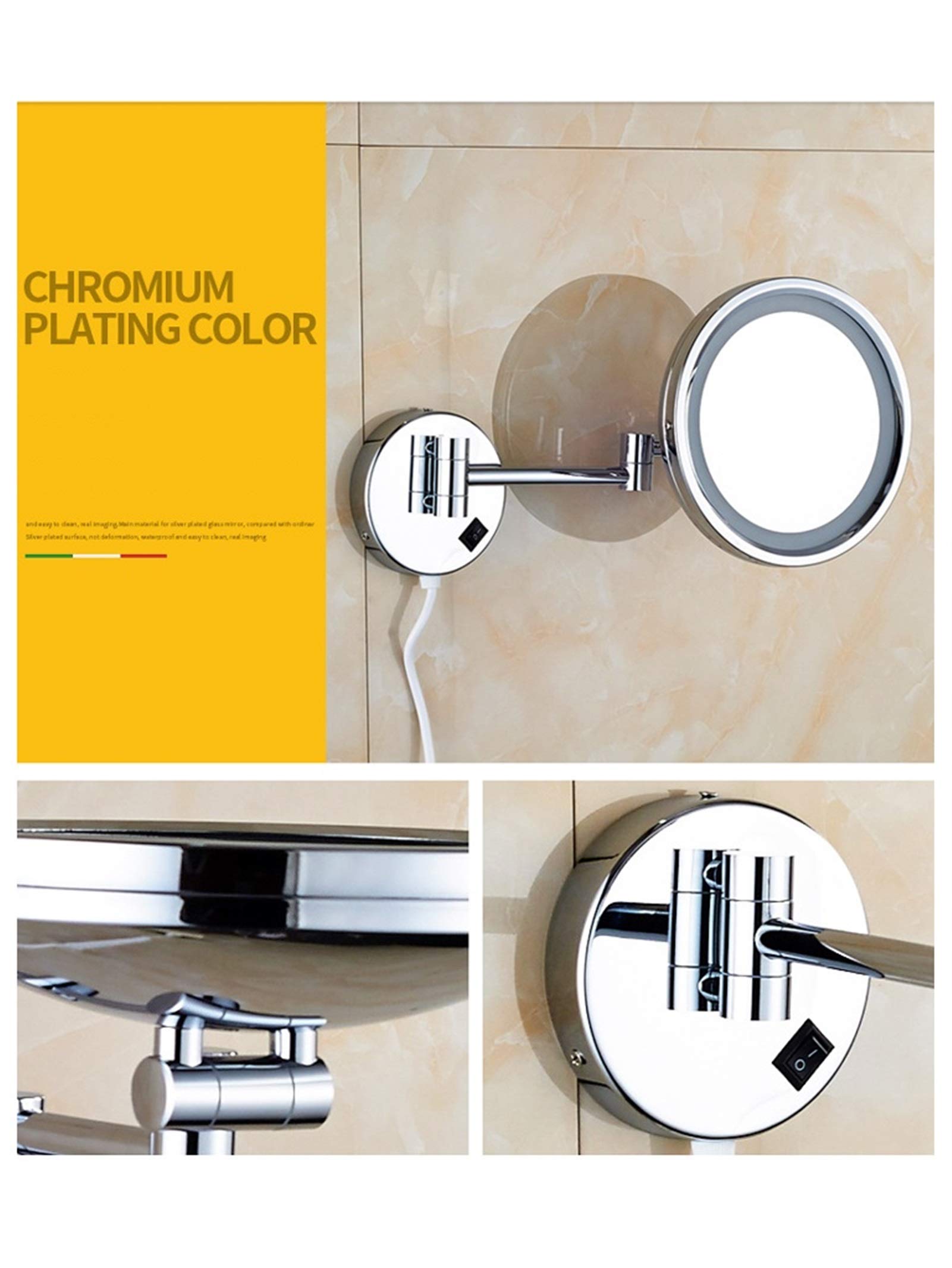 Una Sola Cara LED Cuarto de baño Espejo de baño, de Pared Espejo para afeitarse, Plegable Espejo de Maquillaje de iluminación, Espejo de Aumento 3X, para Baño,Silver