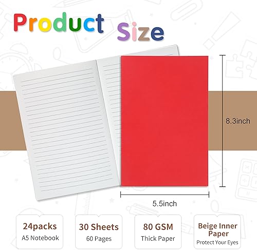 Miniatura 2 de miikoul Paquete de 24 cuadernos rayados A5 a granel, cubierta de papel kraft de colores con rayas universitarias, diario de composición para