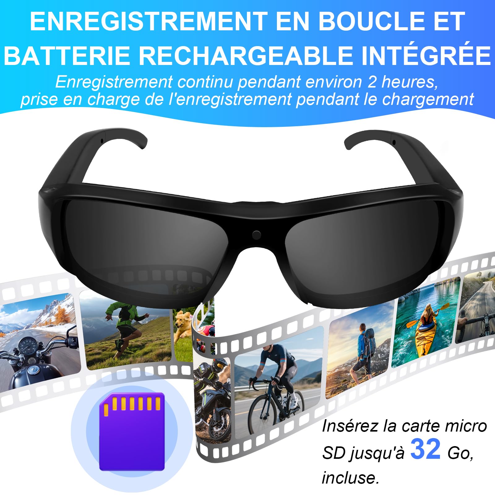 Lunettes de Soleil Sport Mini Caméra, HD 1080P Mini Caméra d'Action | 32GB Lunettes de Soleil Sport Caméra d'Action pour la Randonnée, l'équitation l'Enregistrement d'Activités en Plein Air