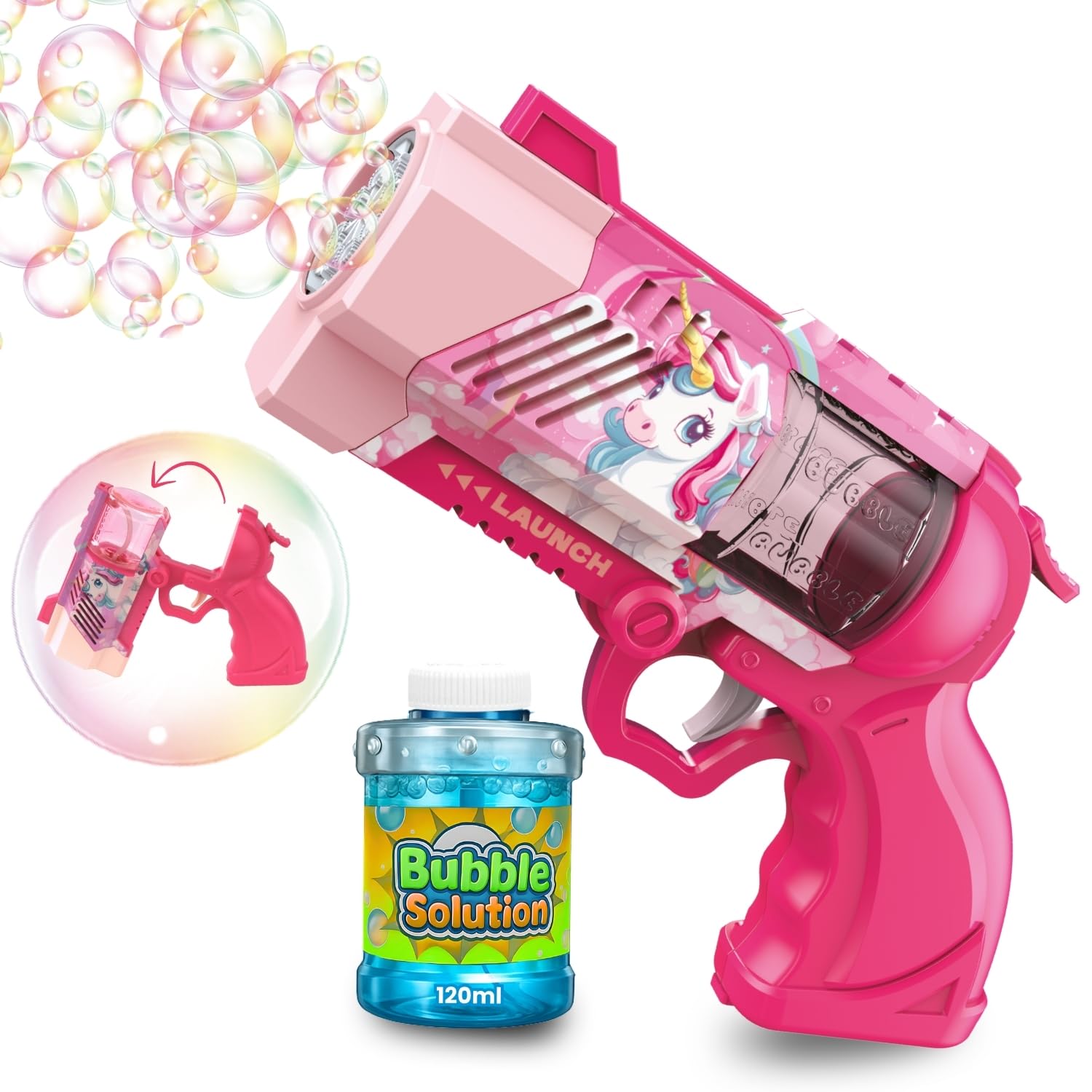 Blubbel Sparabolle di Sapone LED, Pistola Giochi, Macchina Automatica, Bubble Gun, Cannone d’Aria, Giocattolo Matrimonio, Regalo Estivo Bambini, 120ml Liquido Incluso