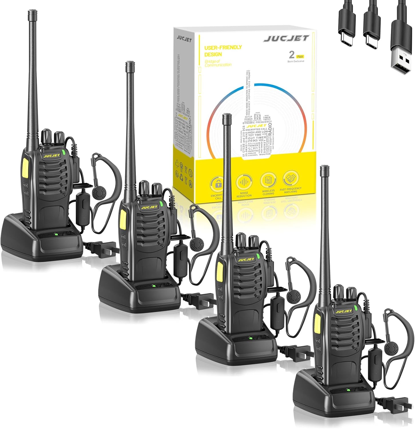 (4-Pack) Walkie Talkies, Includes Original Headsets, Type-C Cable, USB Charging Dock, Features One-Click Pairing, Voice Noise Reduction, and Digital Encryption Communication Function (Black)