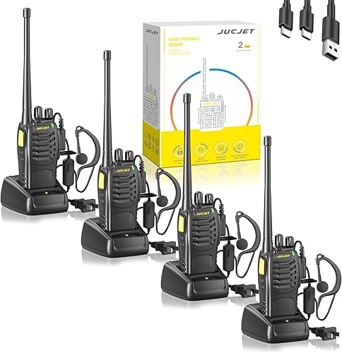 Walkie Talkies (paquete de 4), incluye auriculares originales, cable tipo C, base de carga USB, cuenta con emparejamiento de un solo clic, reducción