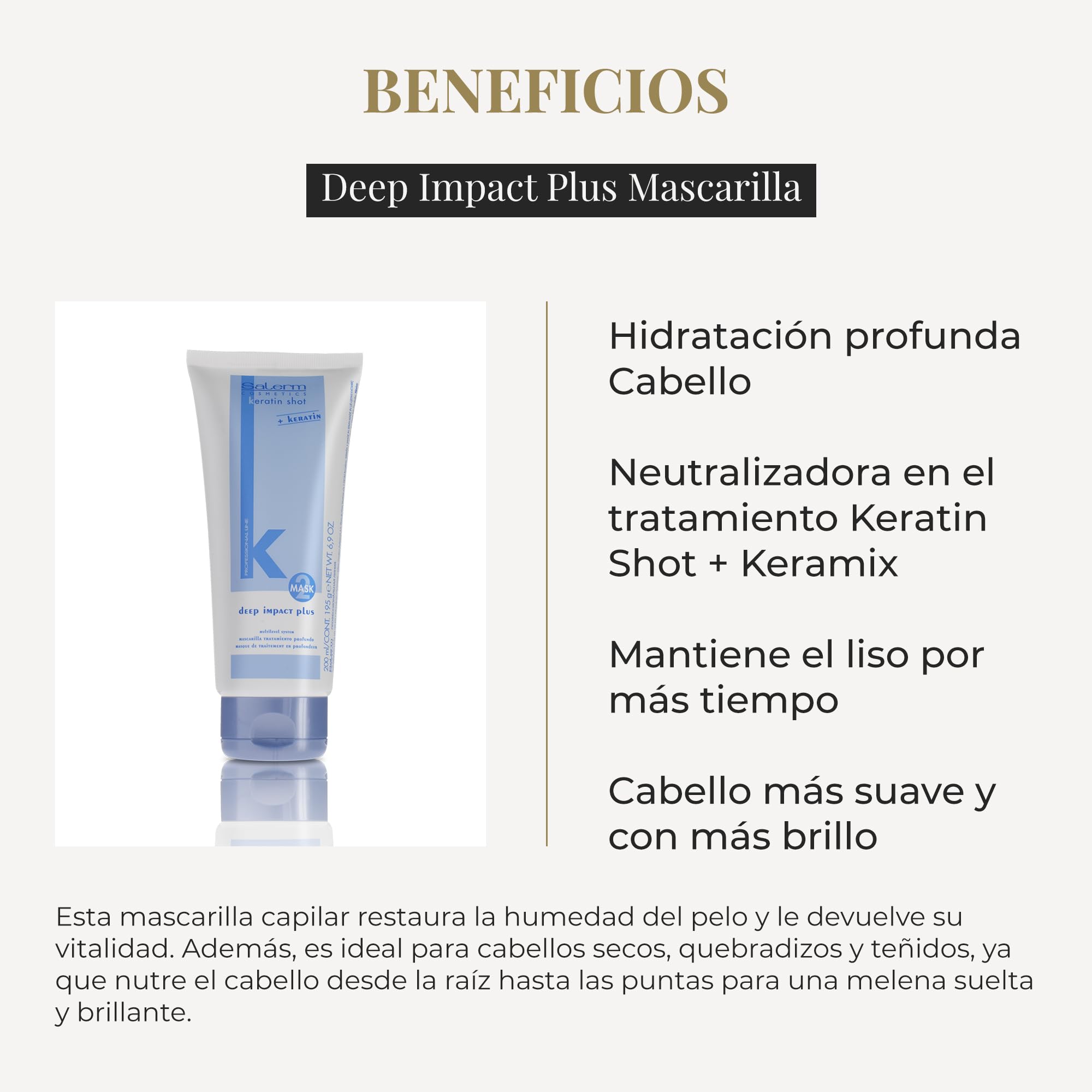 SALERM - Mascarilla Hidratante para el Cabello - Deep Impact Plus - 200 ml - Hidratación Profunda Cabello - para Uso de los Tratamientos de Alisado de la Familia Keratin Shot - Cabello Suave y Liso