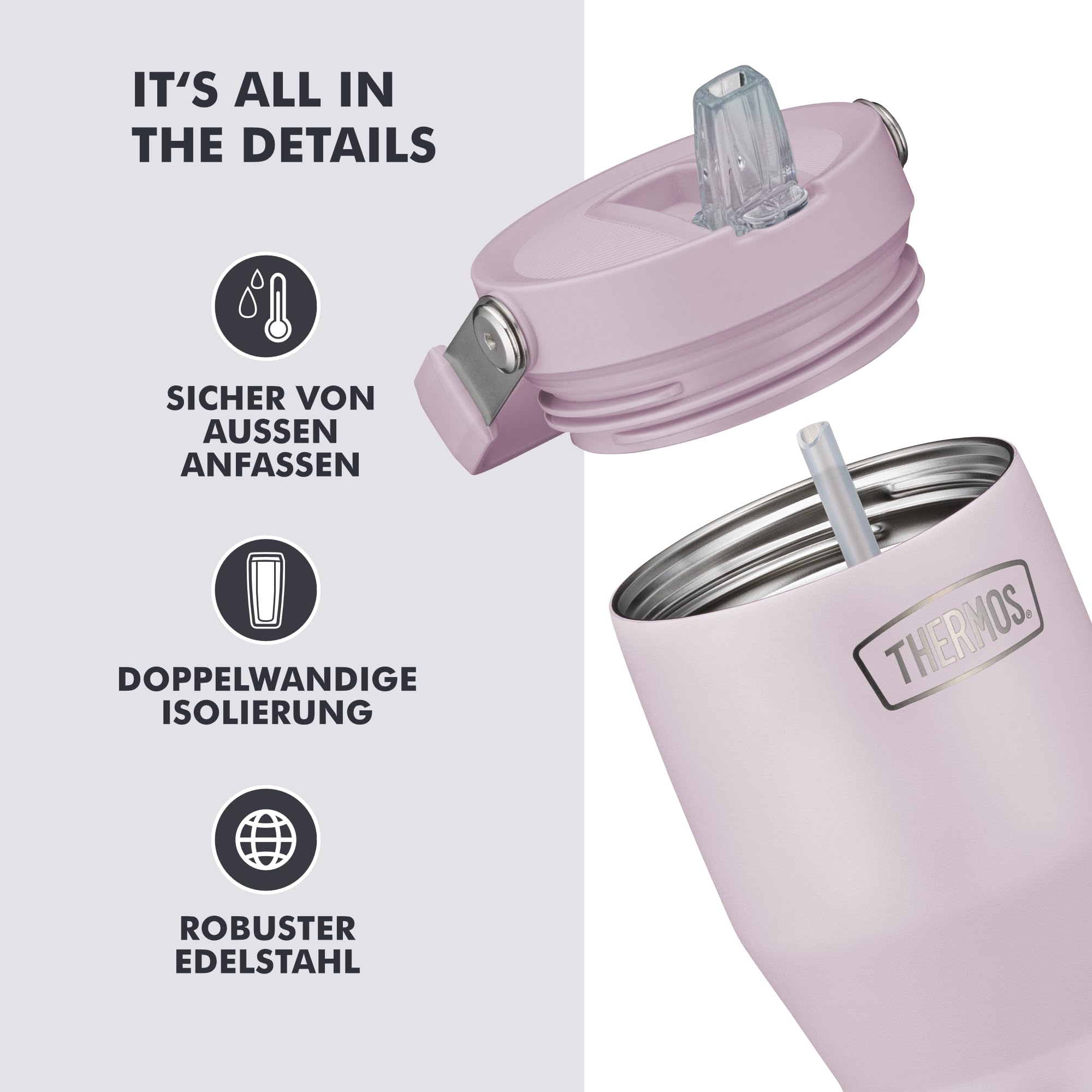 Thermos Flip Straw Tumbler mit Strohhalm und Henkel, 0,85 l, lavender mat | 6 h kalt, Isolier-Trinkbecher Flip-Strohhalm, doppelwandiger Edelstahl, für unterwegs & zuhause, lila, REFRESHING SERIES