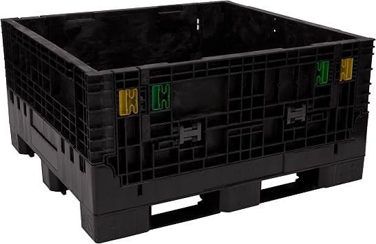 Buckhorn 48" x 45" x 25" Collapsible Bulk Box Container, Extra-Duty Plastic Stacking Gaylord Box with 4-Way Forklift Access and 2 Drop Doors, 1700 lb Capacity Storage Tote, Black BR48452520