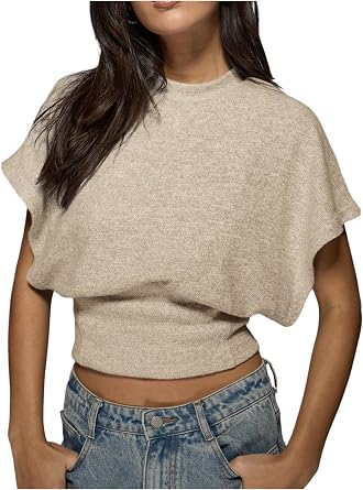 BEAUDRM Womens Casual Cinched Waist Tops Cap Sleeve Wrap Top Dolman Sleeve Cropped Spring Summer Outfit