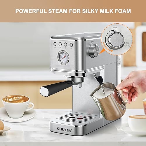 Miniatura 3 de CHULUX Kom-Pro - Máquina de café espresso de 20 bares, máquina de café semiautomática de acero inoxidable para el hogar, cafetera de café con leche