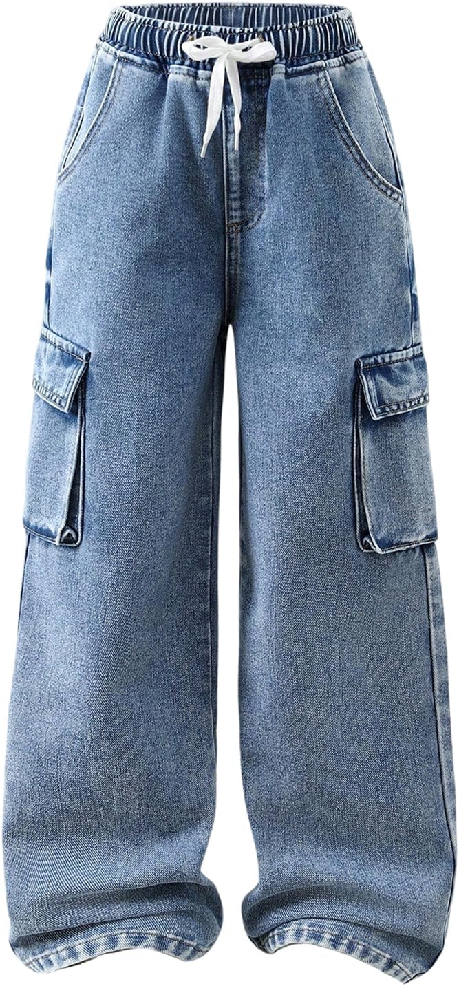 SOLY HUX Girl's Wide Leg Cargo Jeans Casual Elastic Waist Baggy Denim Pants with Pocket