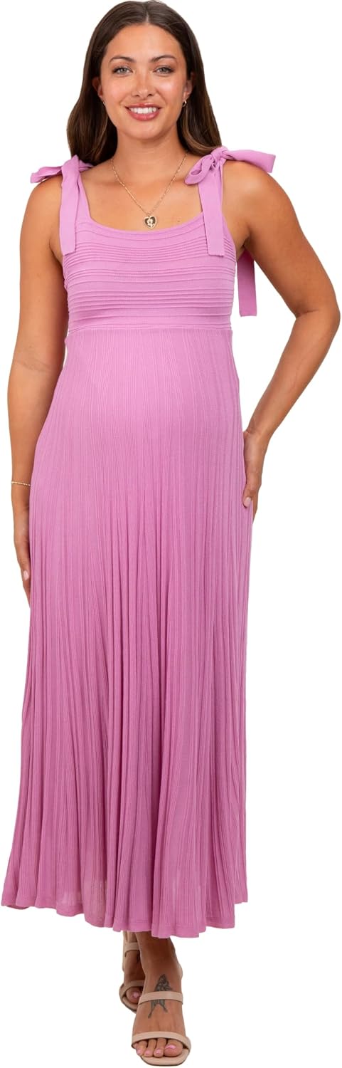 PinkBlush Light Textured Knit Shoulder Tie Maternity Midi Dress