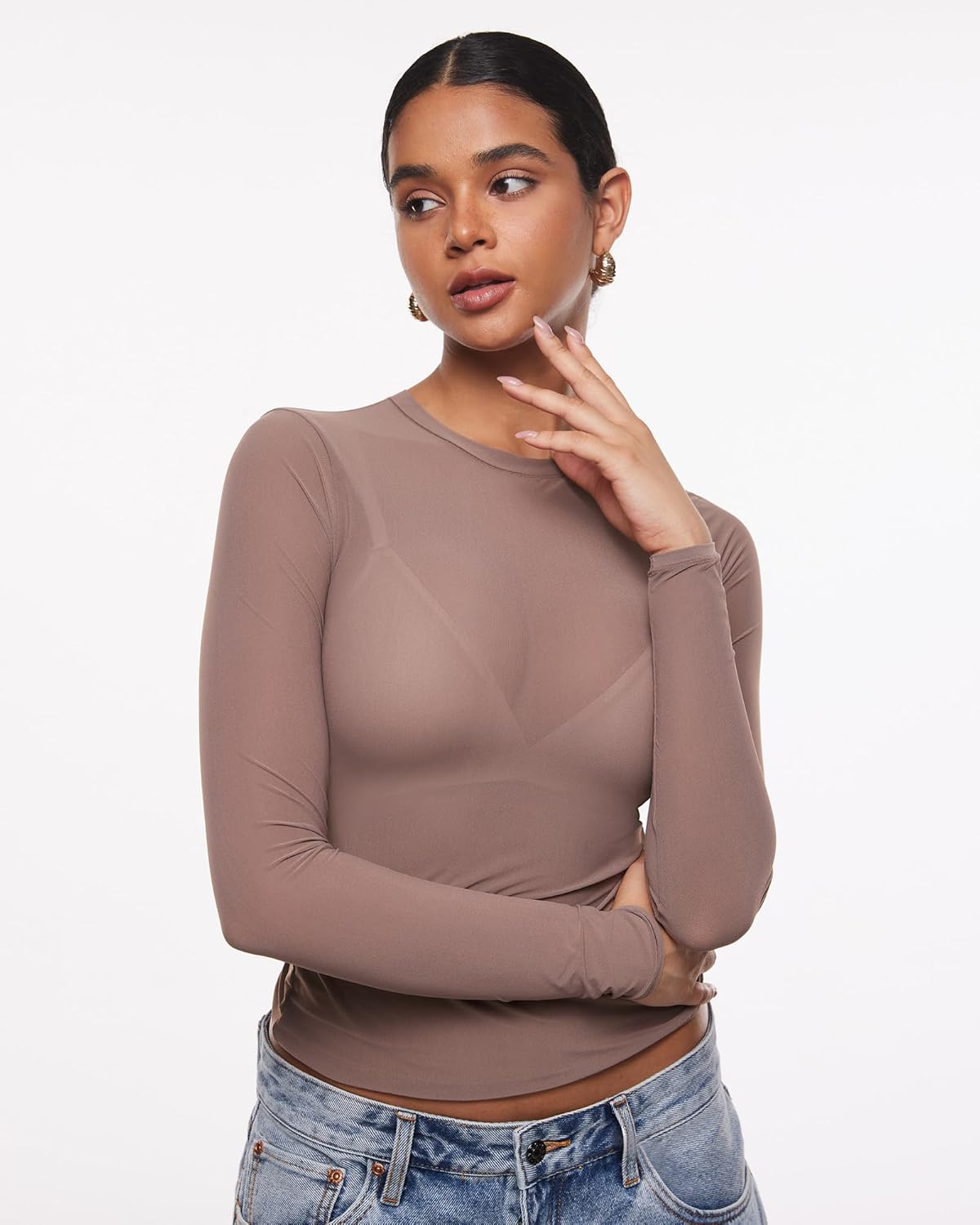 INLYRIC Women's Cosnufy Mesh Sheer Long Sleeve Tops See Through Crew Neck Going Out Tops Trendy Sexy Shirts - Image 4