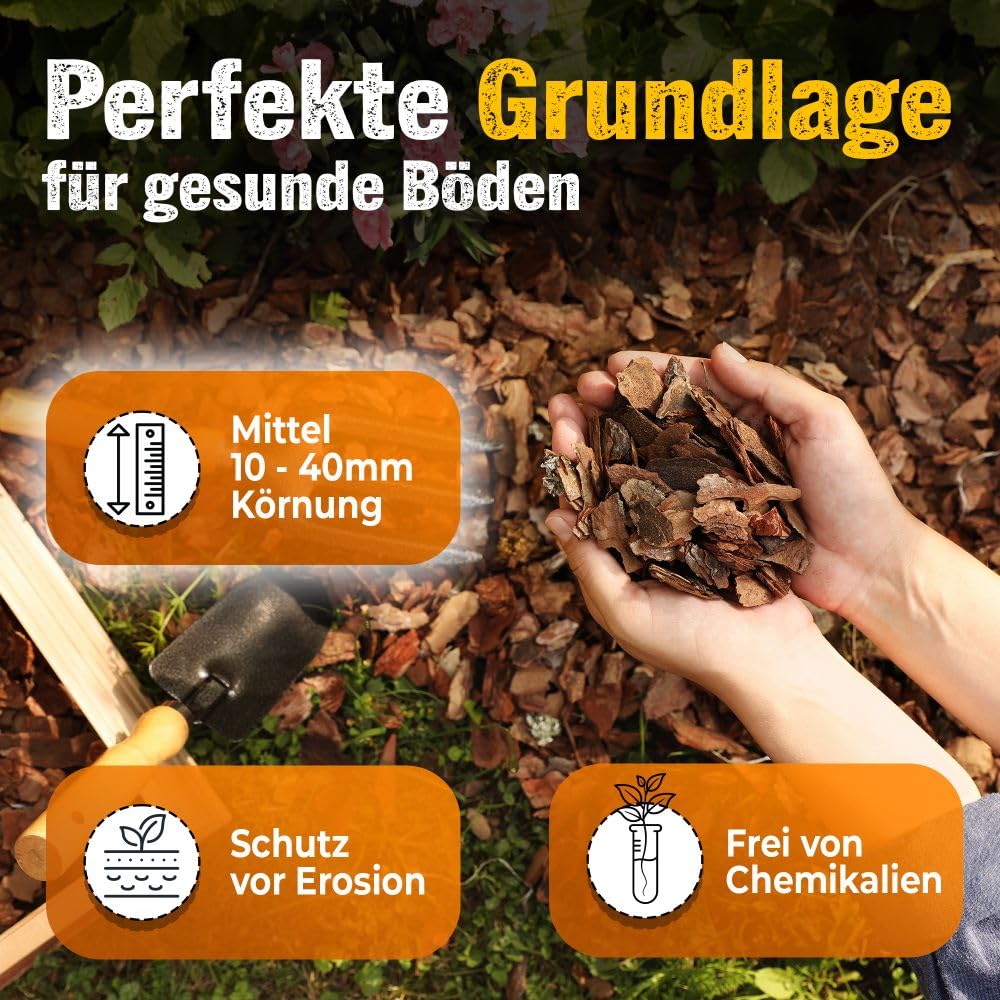Rindenmulch Mittel 10-40 mm Körnung, 120 Liter (2 x 60 L Säcke), Premium Rindenmulch aus bayrischer Fichten- & Kiefernrinde, Gärtnerqualität, beugt Unkrautwuchs vor & hält den Boden feucht