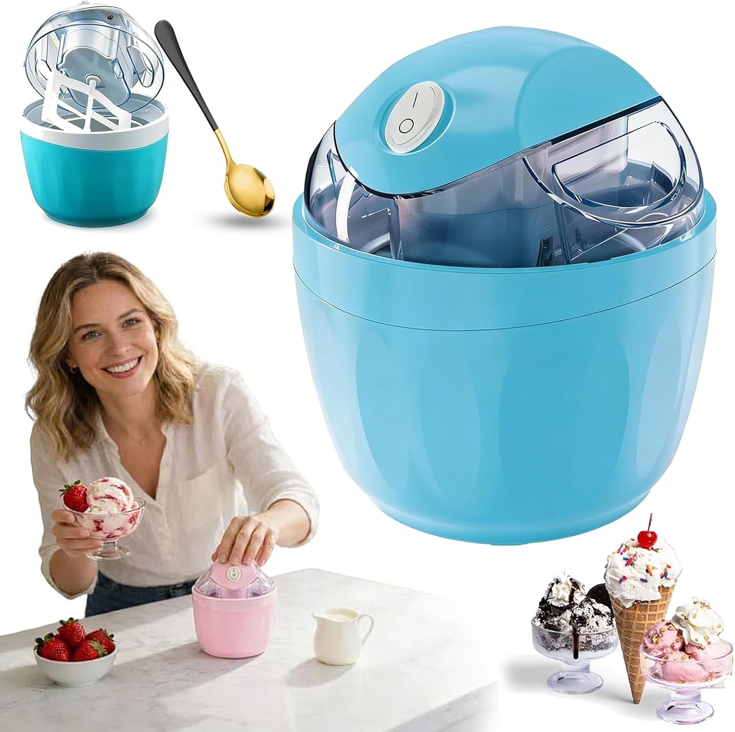 2026 New Small Home Mini Ice Cream Maker, Personal Ice Cream Maker with One-Touch Control, 17oz Electric Gelato & Sorbet Machine, Quick 15-Minute for Homemade Frozen Yogurt (Blue)