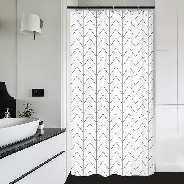 Riyidecor Stall Small RV Gray White Grey Bathroom Shower Curtain Liner 36Wx72H Inch Half Single Narrow Walkin Standing Little Size Dorm Chevron Herringbone Geometric Tiny Fabric Polyester Waterproof - 1