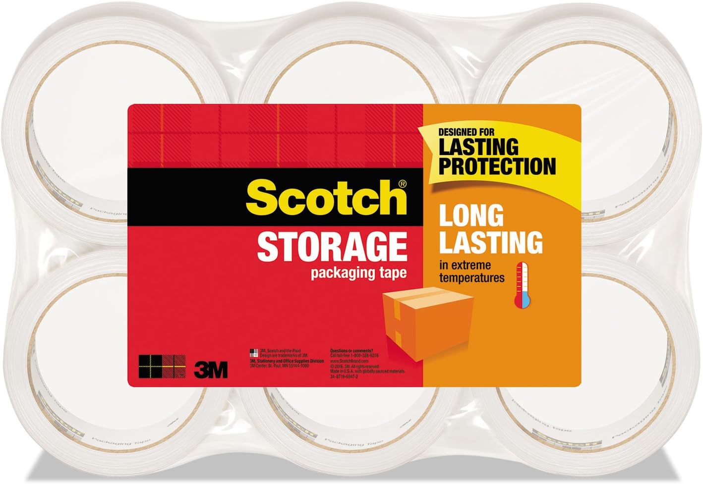 Long Lasting Storage Packaging Tape, 1.88" x 54.6 yd, Designed for Storage and Packing, Stays Sealed in Weather Extremes, 3" Core, Clear, 6 Rolls (3650-6)