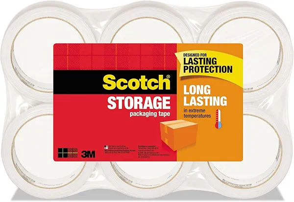 Scotch Long Lasting Storage Packaging Tape, 1.88" x 54.6 yd, Designed for Storage and Packing, Stays Sealed in Weather Extremes, 3" Core, Clear, 6 Rolls (3650-6)