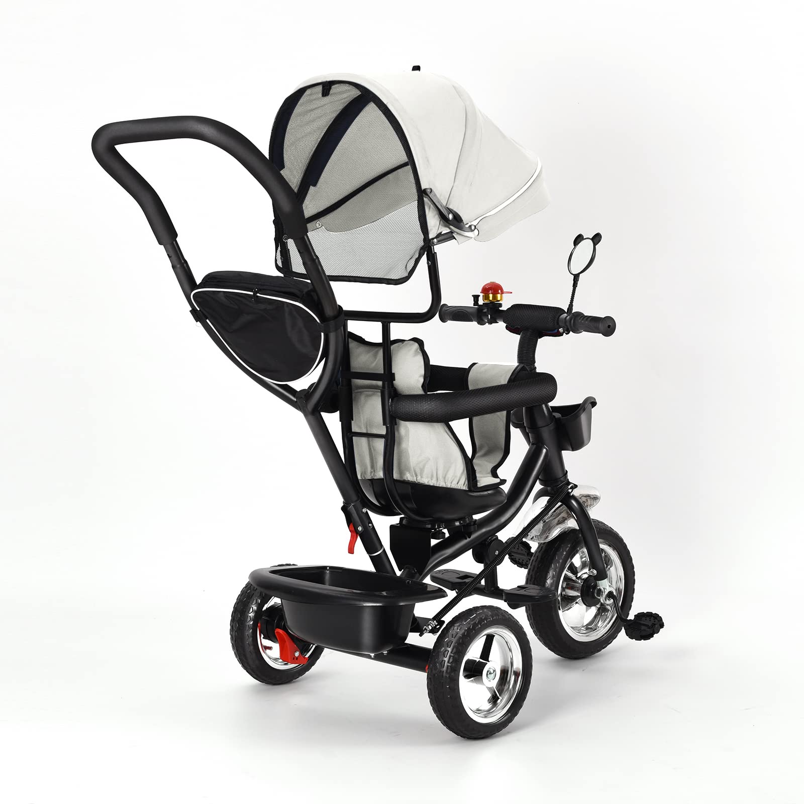 Tricycle Bébé Évolutif 4 en 1, Tricycle Bébé Évolutif avec Poignée de Poussée Réglable, Canne, Cloche et Rétroviseurs, Harnais de Sécurité 9 Mois à 5 Ans, Velo Bebe (Gris Clair)