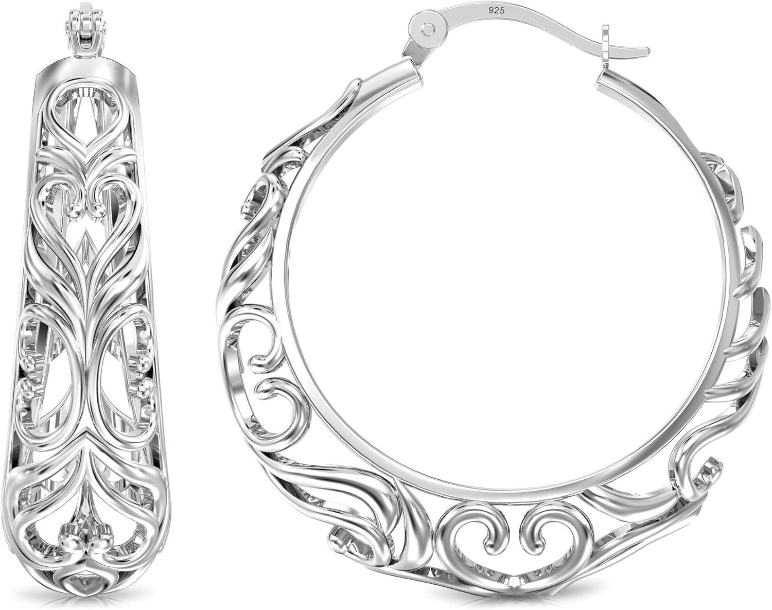 LeCalla 925 Sterling Silver Hoop Earrings | Women's Filigree Hoop Earrings | Openwork Mesh Filigree Cut Earring | Lightweight & Hypoallergenic Vintage Hoop Earrings for Women