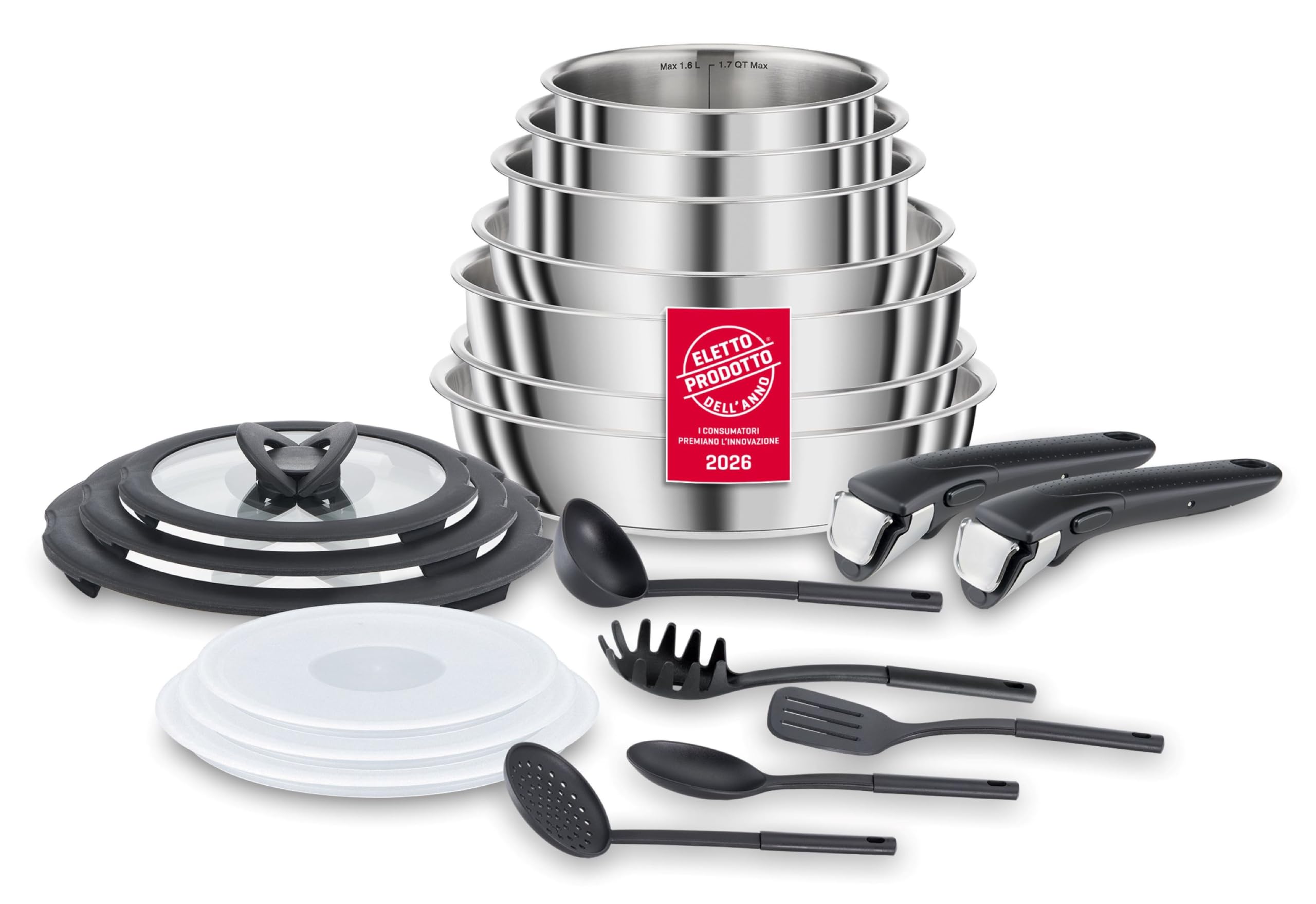 Lagostina Ingenio Inox Set di Pentole e Padelle in Acciaio Inox, 20 Pezzi, Adatto ad Induzione, Batteria di Pentole con 3 Casseruole, 3 Padelle, Tegame,6 Coperc