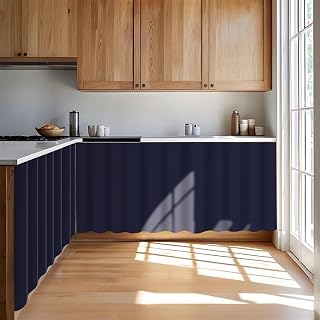 Under Sink Curtain for Closet, Privacy Short Cabinet Curtain Self Stick Adhesive Desk Skirt for Kitchen Classroom, Navy Blue, 47" W x 28" L