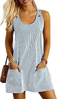Womens Sleeveless Summer Dresses 2025 Cusual U Neck Sundresses Striped Printed Short Dress with Pocket