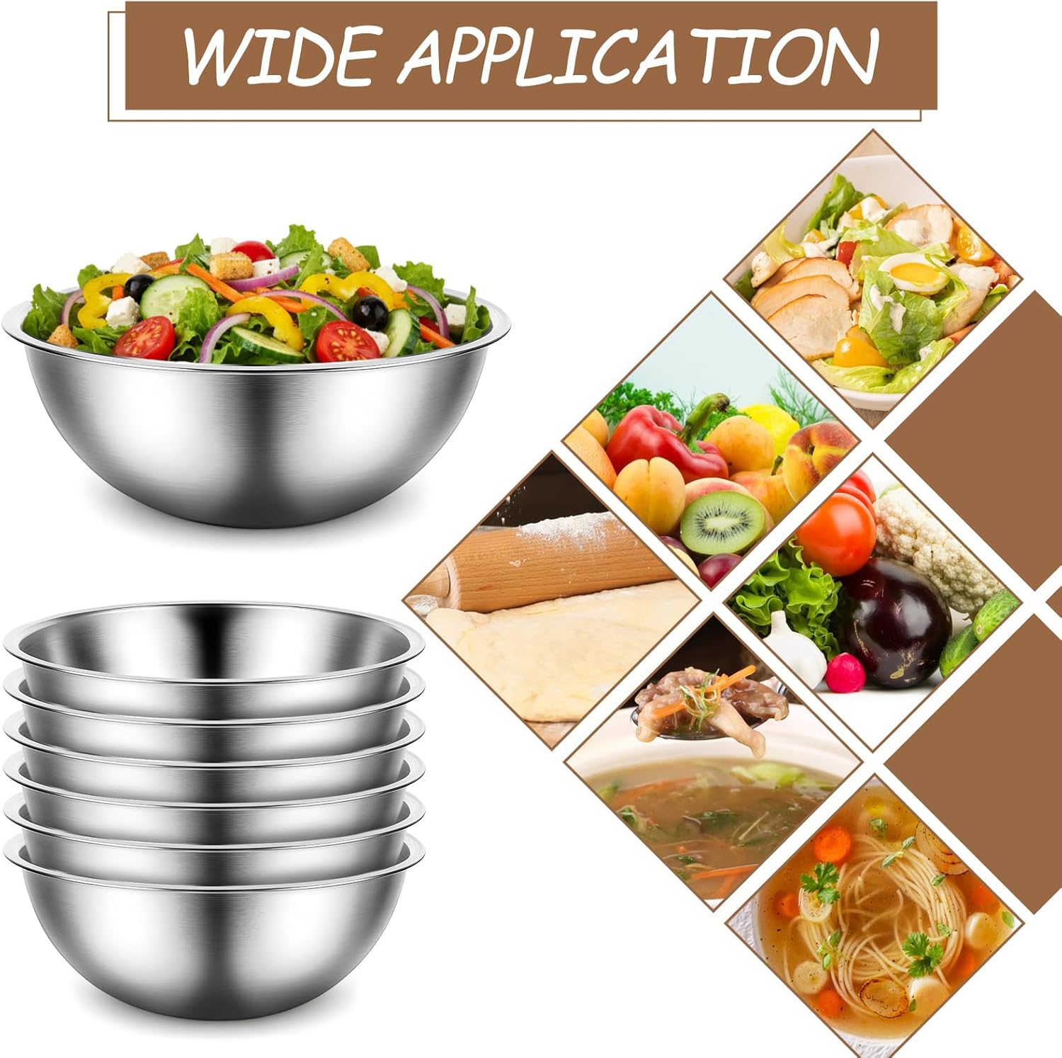 12 Pcs Stainless Steel Mixing Bowls with Graduations, Stainless Steel Bowls, Nesting Metal Prep Salad Bowl, Metal Serving Reusable Baking Food Storage Containers for Kitchen Cooking(9 x 3.5 Inch)