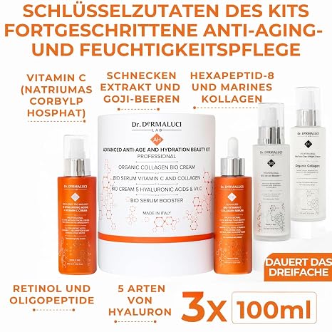 Dr. Dermaluci Lab Gift Set Women Men Mum Birthday Anti-Ageing - Care Tone Radiance - Vitamin C Marine Collagen 5 Hyaluronic Acids Retinol - AIAB Organic Made in Italy - 400 ml
