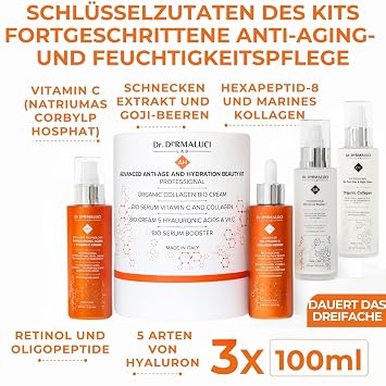 Dr. Dermaluci Lab Gift Set Women Men Mum Birthday Anti-Ageing - Care Tone Radiance - Vitamin C Marine Collagen 5 Hyaluronic Acids Retinol - AIAB Organic Made in Italy - 400 ml
