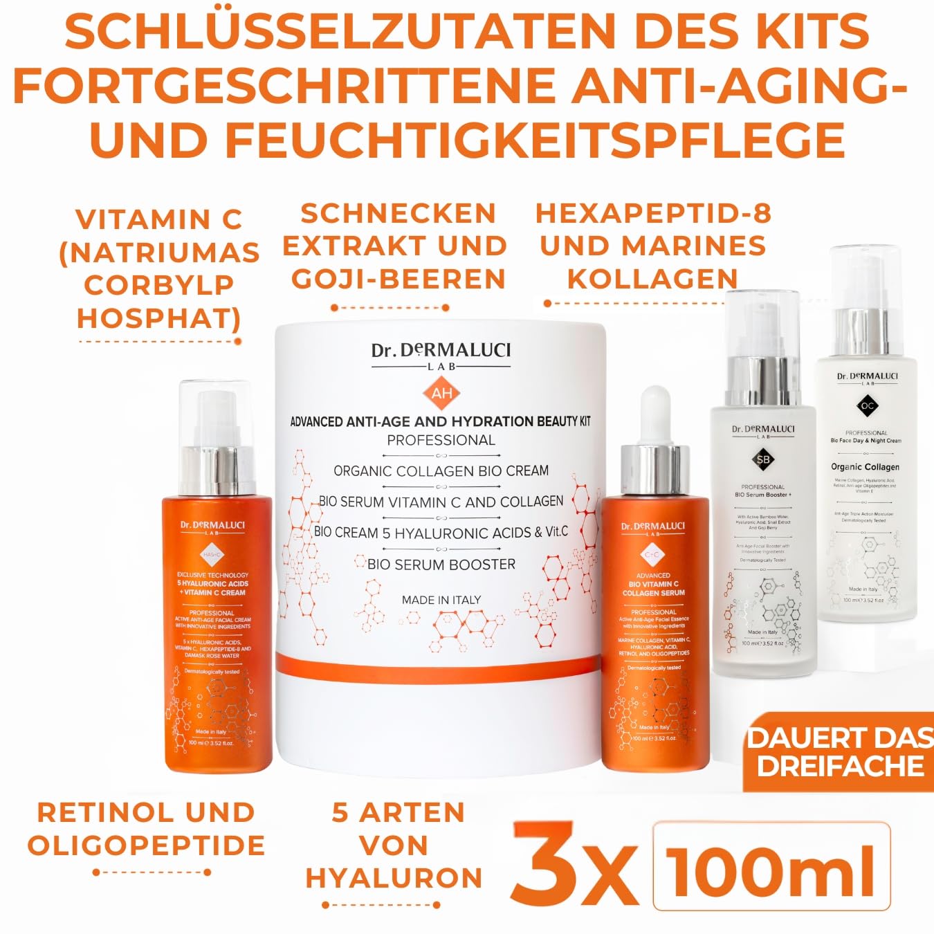 Dr. Dermaluci Lab Geschenkset Damen Herren Mama Geburtstag Anti-Aging - Pflegen, Straffen, Strahlen - Vitamin C, Marine Kollagen, 5 Hyaluronsäuren, Retinol - AIAB BIO, Made in Italy - 400ml