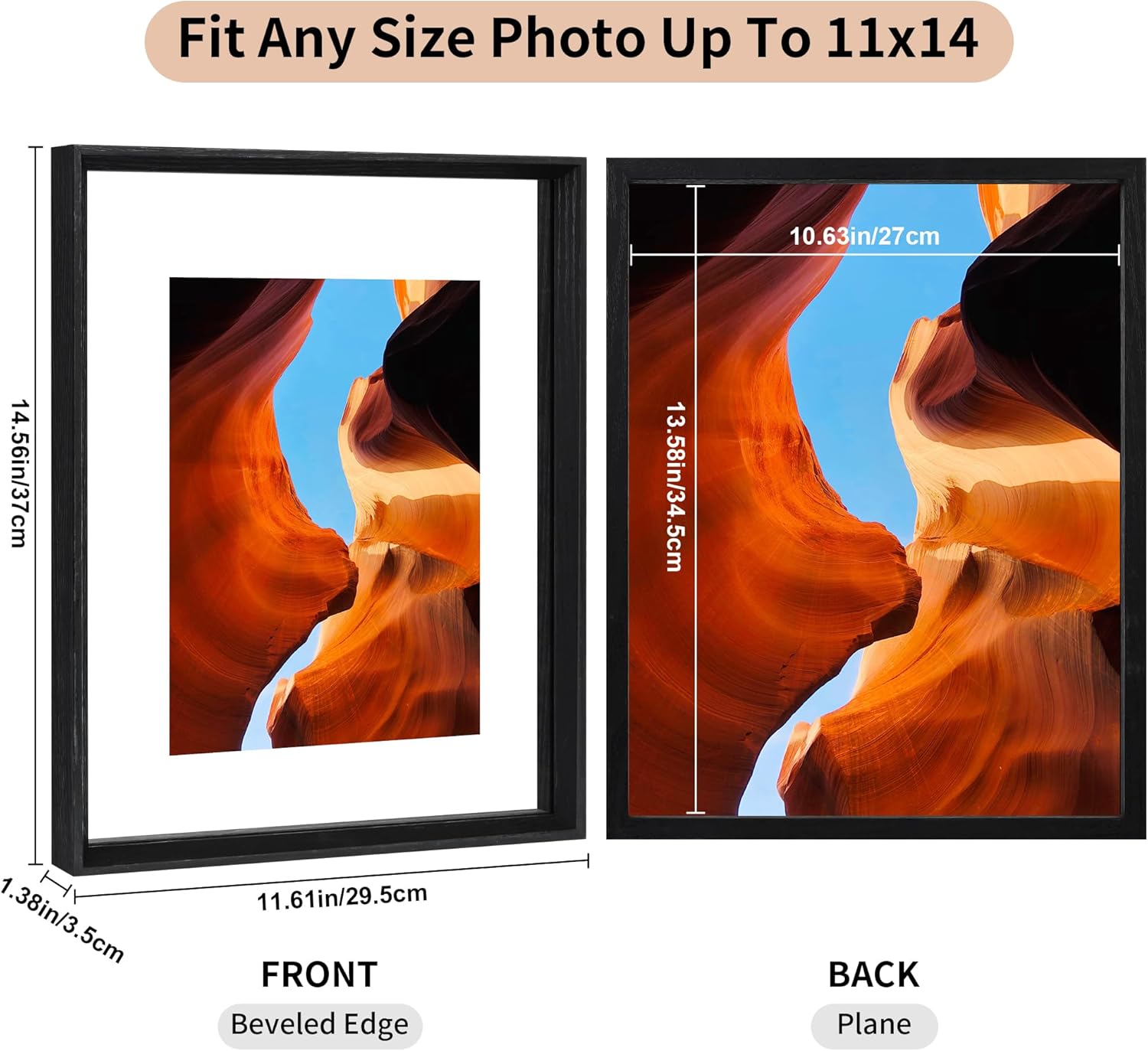 11x14 Floating Frames 2 Pack Wooden Photo Frame Double Sided Glass Picture Frame for Any Size Picture up to 11x14, Wall Mount or Tabletop Displays, Double-edged Frames, Black