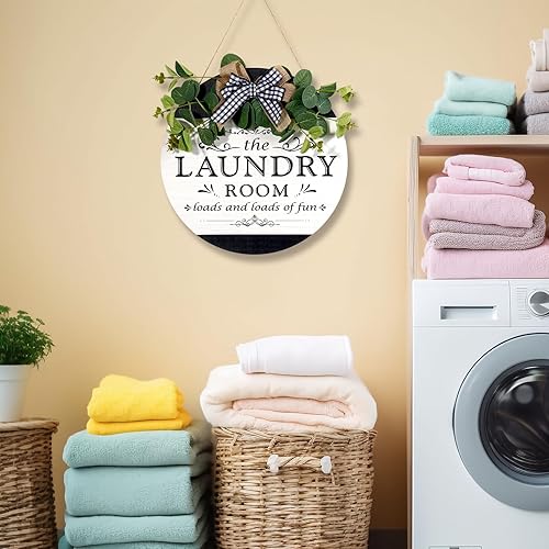 Miniatura 7 de The Laundry Room Loads of Fun Room - Letrero redondo de madera para decoración de corona de madera, arte de pared rústico de granja para lavandería,
