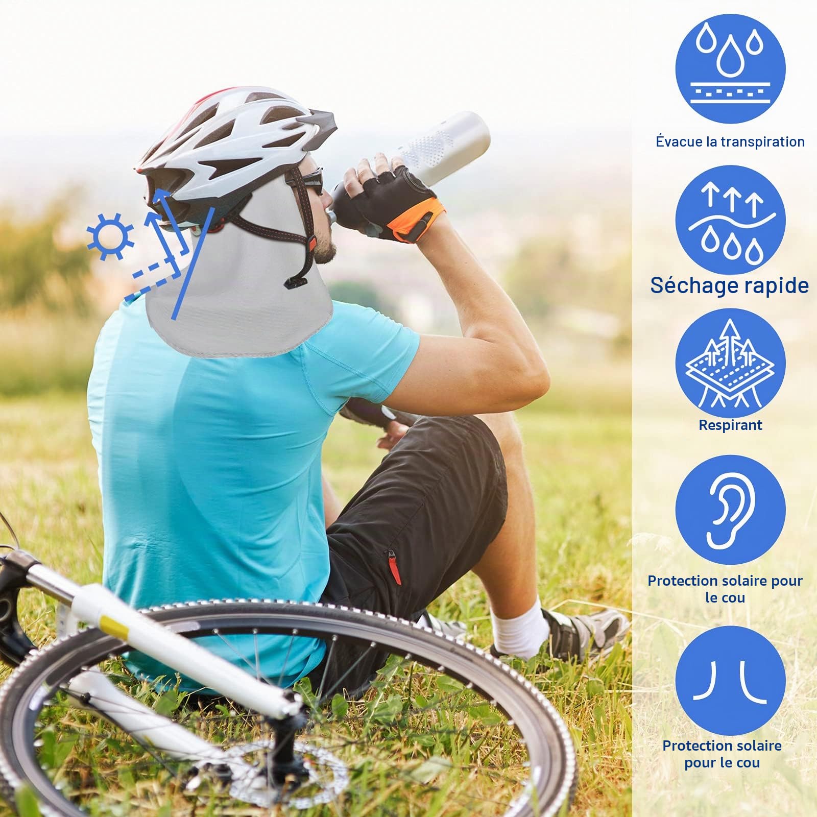 3 Pièces Doublure de Casque avec Protège-Nuque, Bonnets de Crâne de Refroidissement Casquette Anti-Transpiration avec Queue Chapeau de Protection du Cou de Cyclisme Pare-Soleil, 3 Couleurs