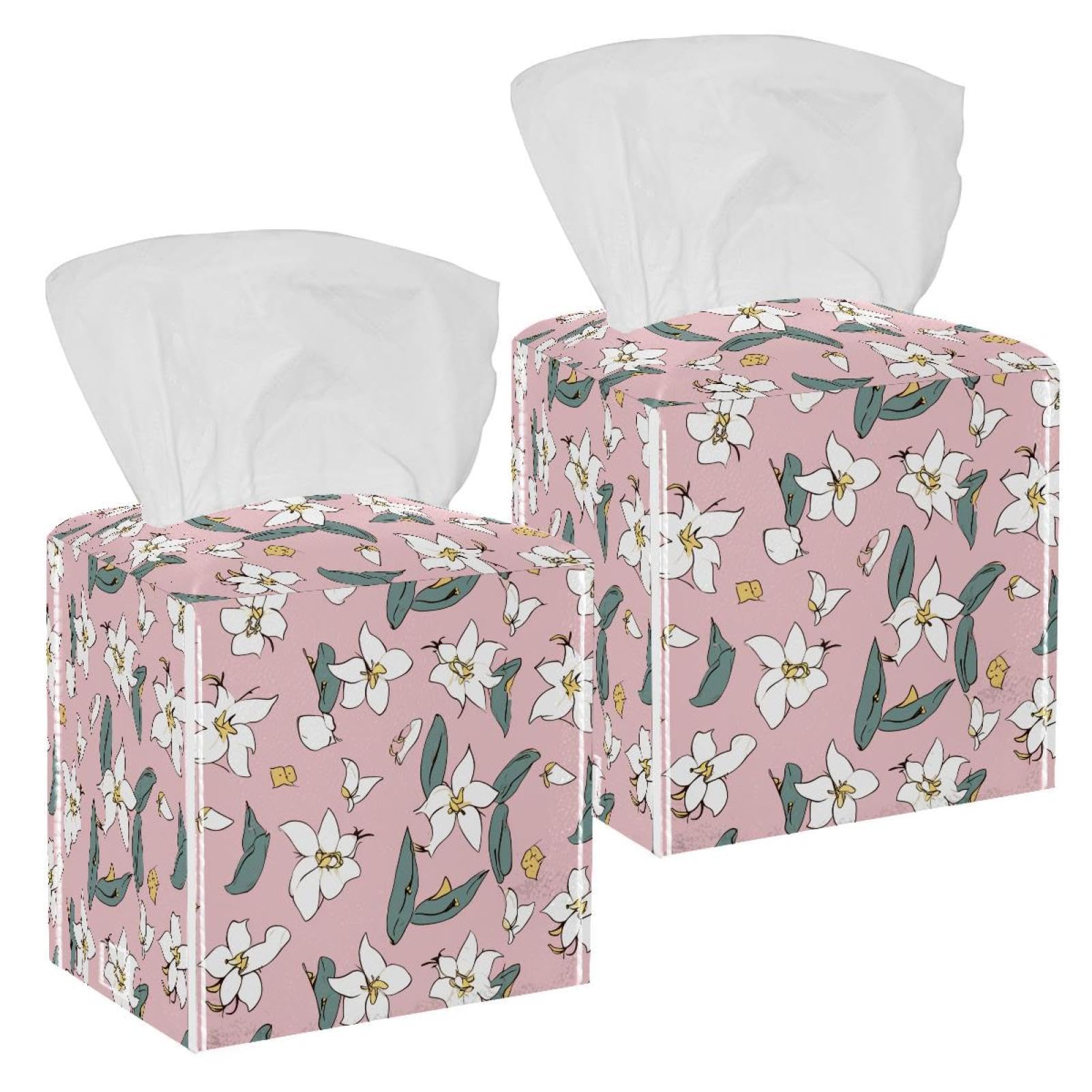 Lily Pink Tissue Box Cover, 2 Pack PU Leather Square Facial Tissue Dispenser Box holder for Home Office Car