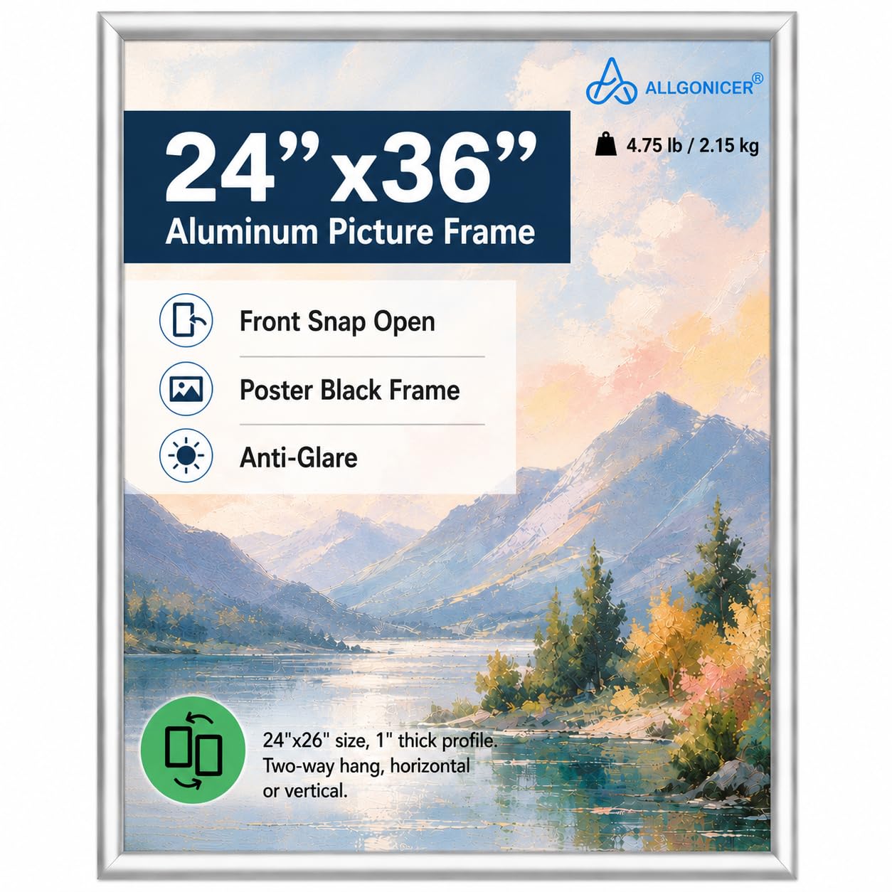 ALLGONICER 24 x 36 Inches Picture Frame, Front open, Snap Close, Wall Mounting Vertical or Horizontal, 1 inch profile Aluminum with PVC Transparent Anti-glare Protective Film