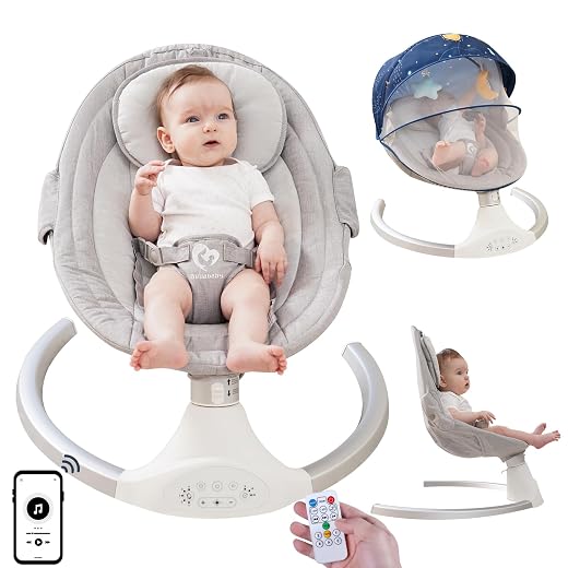 Bellababy Bluetooth Baby Swing for Infants, Compact & Portable Baby Bouncer, 3 Seat Positions, 5 Speed, 10 Lullabies, Remote Control, USB Plug-in Power, Indoor/Outdoor Baby Rocker, Boy/Girl