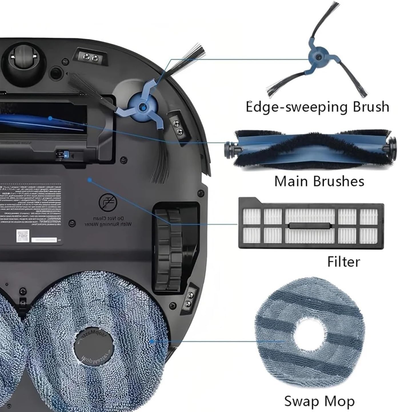 Compatible for Eufy，X10 Pro，Compatible for Omni，2 Main Brush,6 Mop Cloth,6 Side Brushes,4 Filters,8 Dust Bags,1 Cleaning Tools,1 Screwdriver Replace