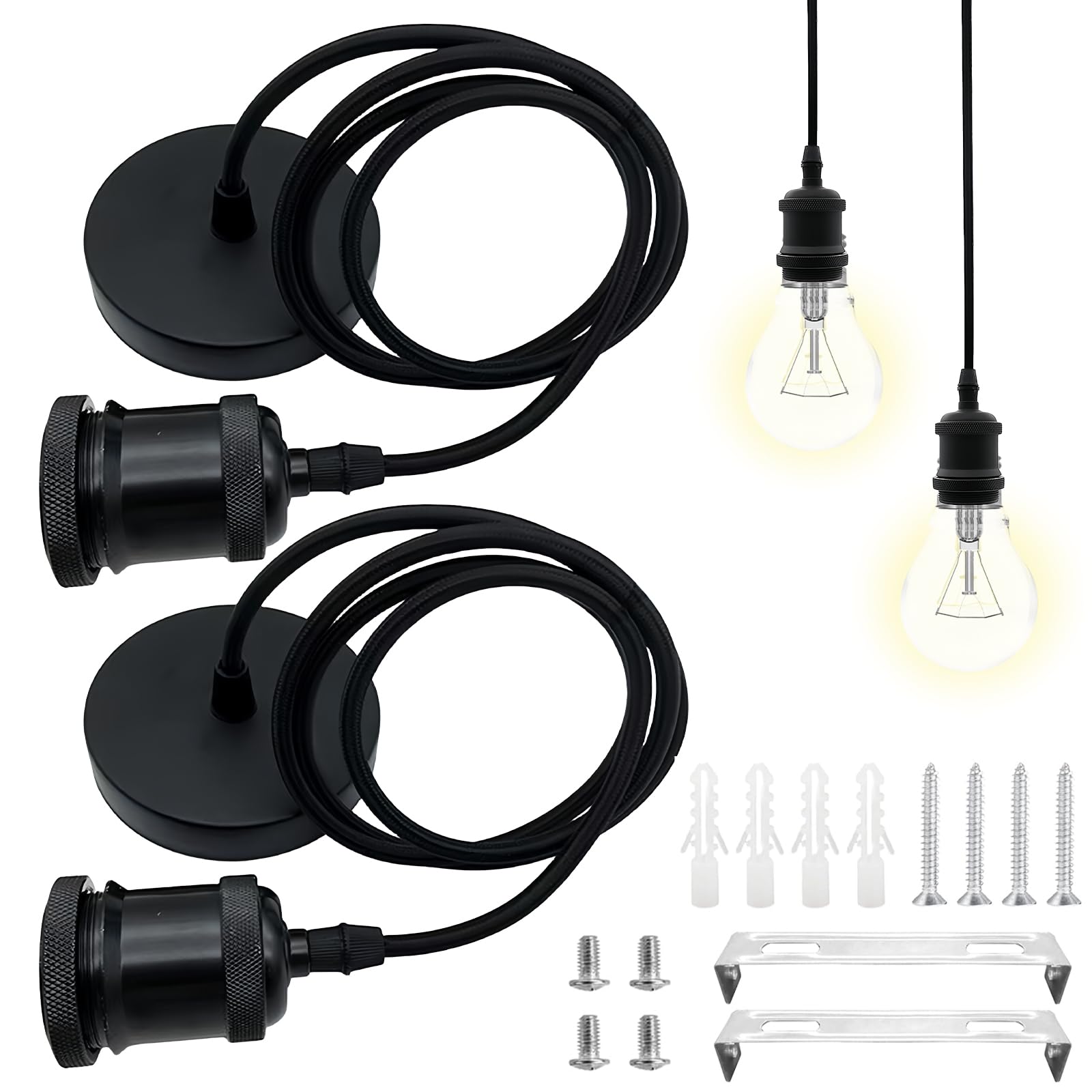 PRITOK 2 Pack Black Pendant Light Fitting with 100cm Flex Cable: E27 Industrial Style Black Ceiling Rose, E27 Lamp Holders