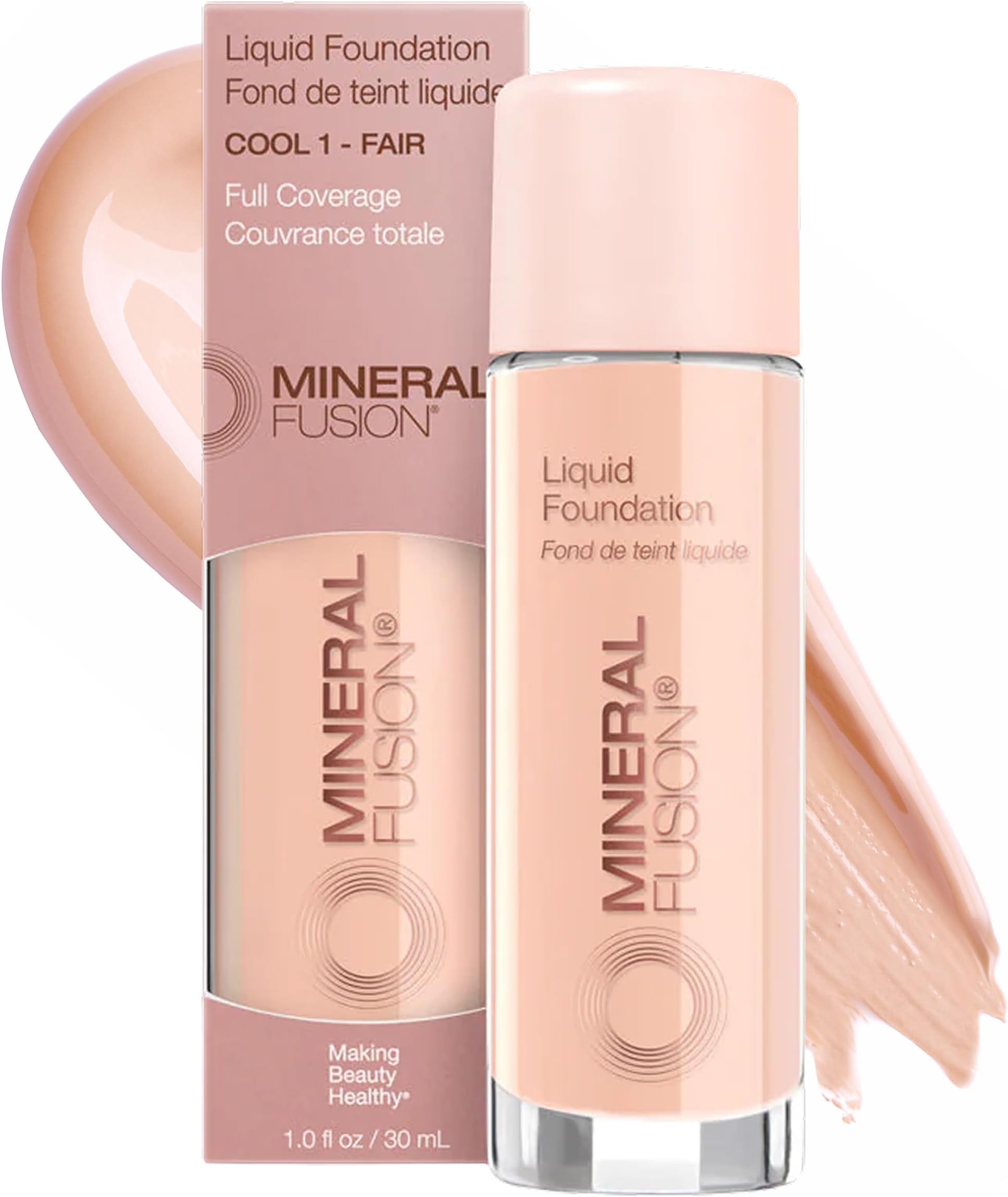 Mineral Fusion Full Coverage Liquid Foundation (Cool 1, Fair) - Lightweight & Hydrating Matte Finish Makeup - With Skin Soothing Green Tea, Lavender - Hypoallergenic, Fragrance-Free - 1 Fl Oz